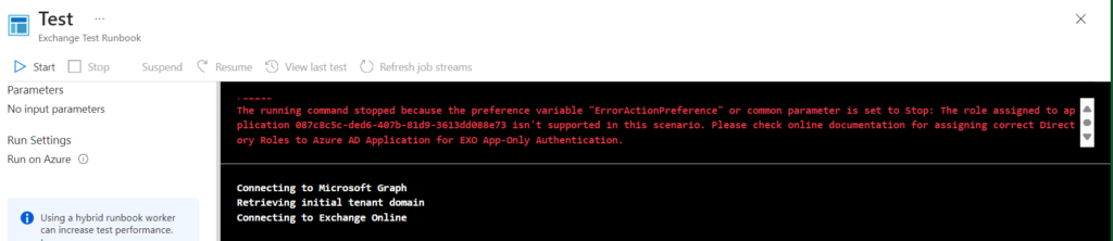 Azure Automation - Error message from Exchange Online Management PowerShell module