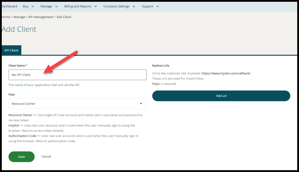 Administrator view showing a form with an arrow pointing to the field for entering the client name and 'Resource Owner' option in the flow dropdown menu.