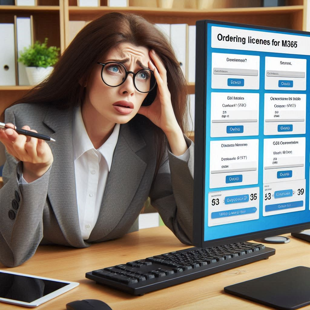 An administrator sitting at a desk, looking confused while staring at a computer screen.